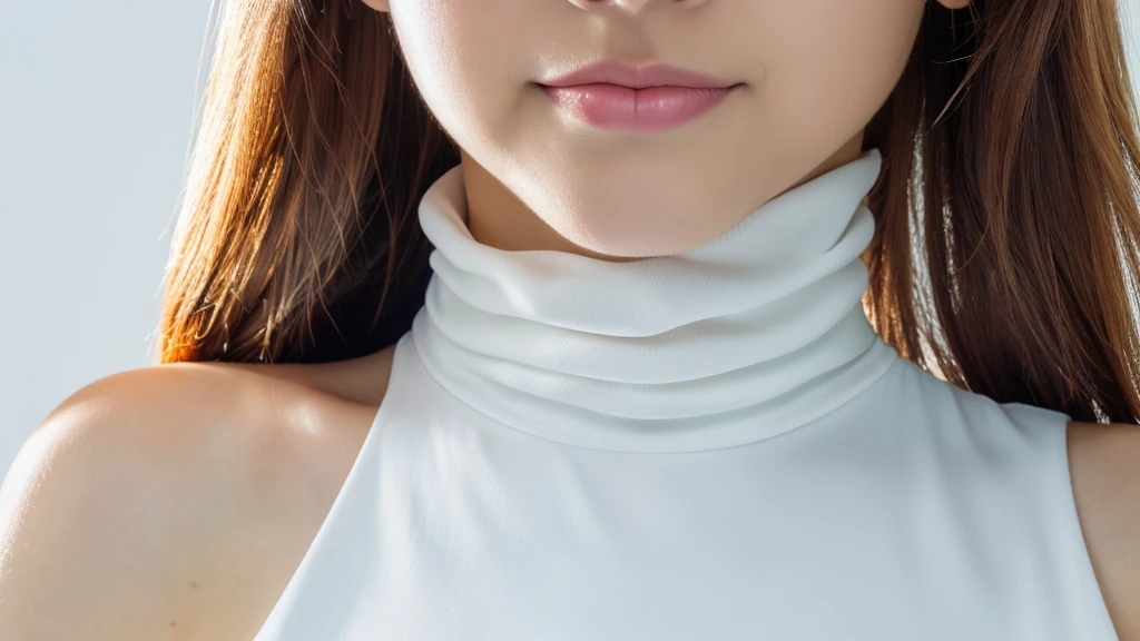(detailed face),VIVID,normal breasts,pretty,sleeveless and turtle neck white silky clothes,4k ,super high resolution ,(photo-realistic: 1.7),white background,long hair,