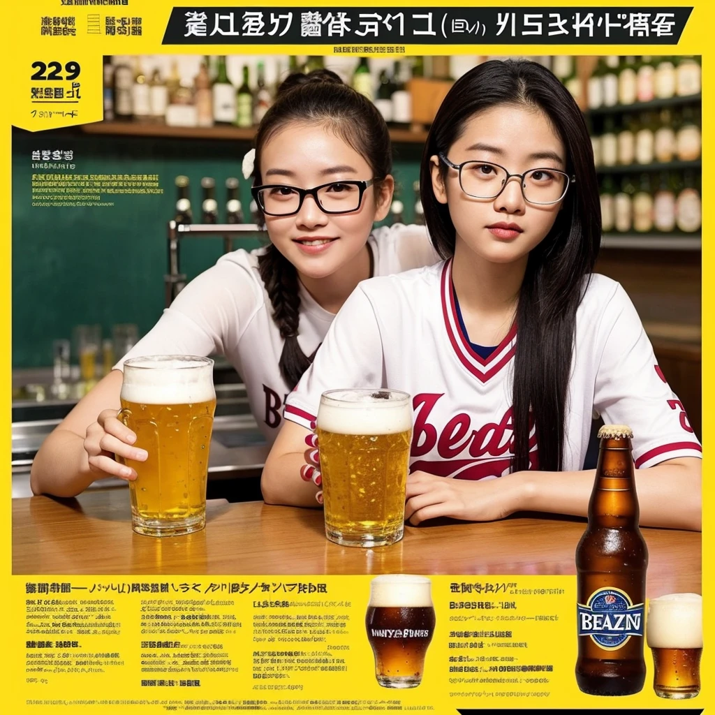 Beer promotion flyer, Asian Girl, 2 glasses of beer, jersey outfit