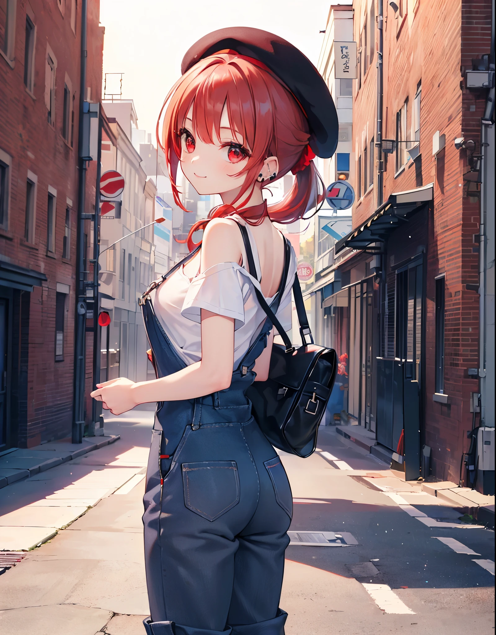 (Close-up:1.3),Realistic,Highest quality, Ultra Detail, High-quality CG rendering, The most delicate and beautiful, Floating softly, High resolution, (1 girl), (Highest quality,4K,8K,masterpiece:1.2),(All red hair:1.5), (ponytail:1.5),(Red eyes:1.5),(Slightly larger breasts:1.2), (Beige overalls:1.3),(Pure white inner T-shirt:1.3),(Black boots:1.3)、(Brown Beret:1.3)、Piercing in left ear,In the city,old buildings,(whole body:1.3),(smile),(Turn your back to your audience:1.3),Butt,Are standing,(Small shoulder bag:1.3)