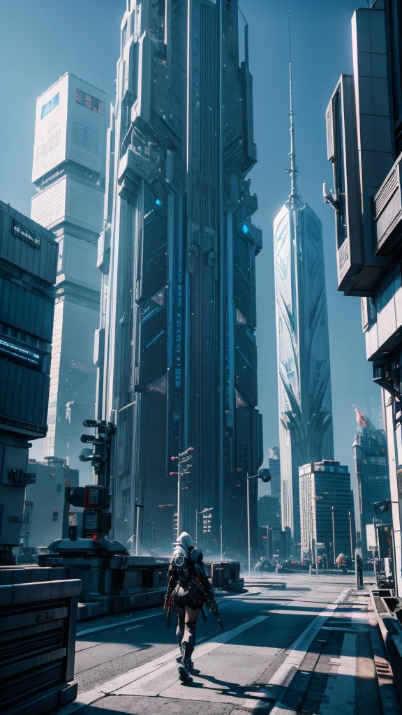8K, ultra HD, Background type, Cyberpunk Anime, white buildings, white towers, Fantasies, 3d, white cybernetic dragons in the background, landscape