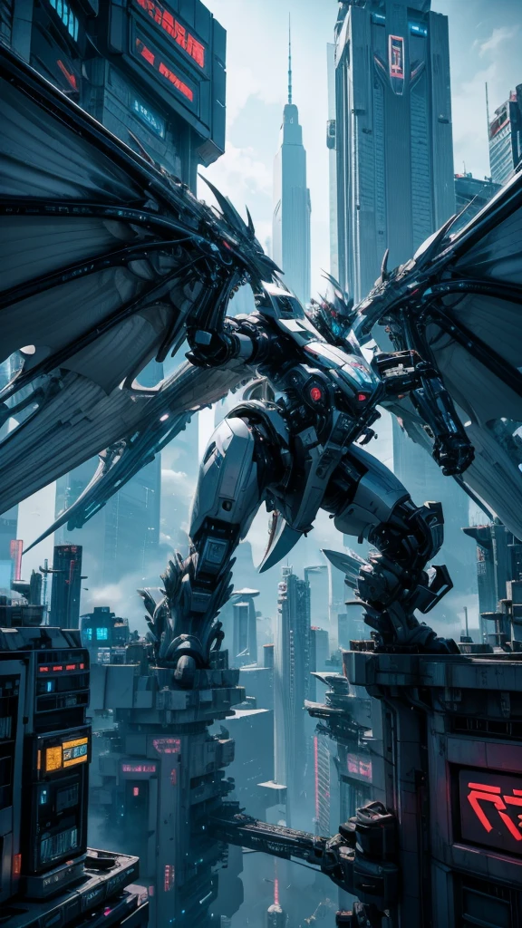 8K, ultra HD, Background type, Cyberpunk Anime, white buildings, white towers, Fantasies, 3d, white cybernetic dragons in the background, landscape