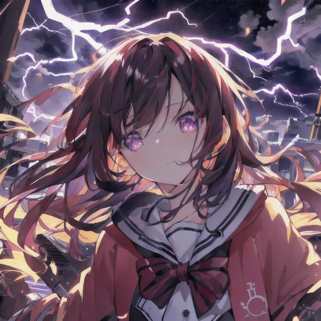 anime girl with long hair and purple eyes standing in front of lightning, lightning eyes, anime lighting, anime style 4 k, light novel cover art, splashes of lightning behind her, 4 k manga wallpaper, detailed digital anime art, 4k anime wallpaper, anime art wallpaper 4 k, anime art wallpaper 4k, anime wallpaper 4k, anime wallpaper 4 k