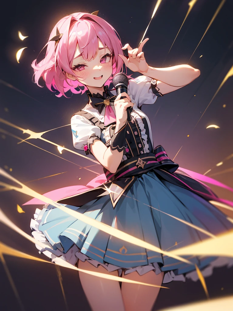 High quality,beautyな背景,detailed,masterpiece,beauty,1 person,aldult,Up to the waist,Idol,Cute Woman,Idol衣装,Fluttering,Lots of frills,Valley Coordination,笑face,Idolのステージ上に立つ,Live,Hold the microphone,
((((perfection_face))),(Beautiful lighting:1.3),Dynamic Lighting,Dynamic Pose,Active,Pink Hair,Standing pose,Golden Ratio,Pink Eyes,Close one eye
