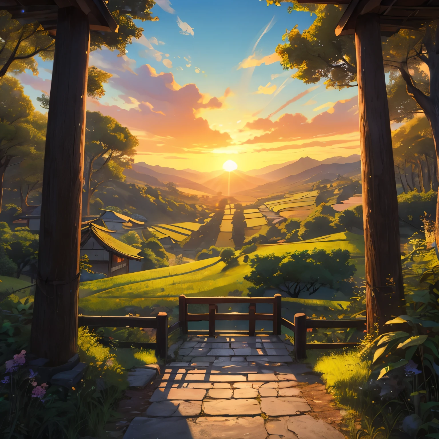 (best quality,8k,highres, masterpiece:1.2), (anime style),ultra-detailed, HDR, UHD, ultra-fine painting, sharp focus, physically-based rendering, extreme detail description, professional, vivid colors, concept artists, warm color palette, dramatic lighting,Sunrise, countryside with terraced fields in Japan, birds perched on the trees in the distant forest, (no humans),