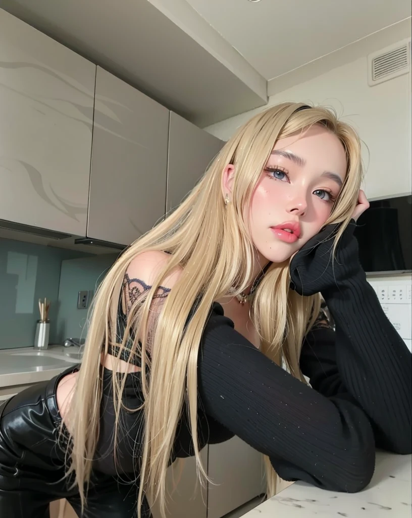 a close up of a woman with long blonde hair wearing a necklace, Jinyoung Canela, Parque Roseanne do Blackpink, lalisa manobal, long white hair and bangs, ulzzang, Sakimichan, popular south Korean makeup, portrait of kim petras, Heonhwa Choe, whitebangs, Retrato de Jossi do Blackpink, popular korean makeup