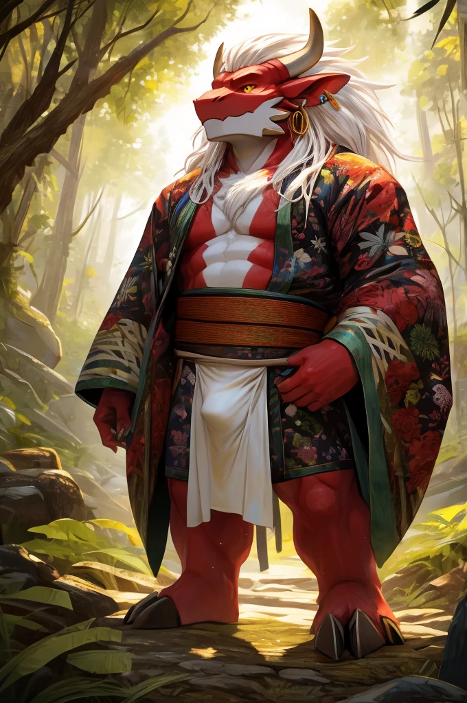 ultra-detailed, masterpiece, masterwork, high quality, best quality, hdr, (nature, japanese style), nsfw, male, solo, chibi, dragon, ((kimono, bulge loincloth, white loincloth)), (little red body minotaur), (white chubby body), (long golden hair, yellow eyes, cool eyes), standing, cross your arms, dynamic angle, earrings, sweat