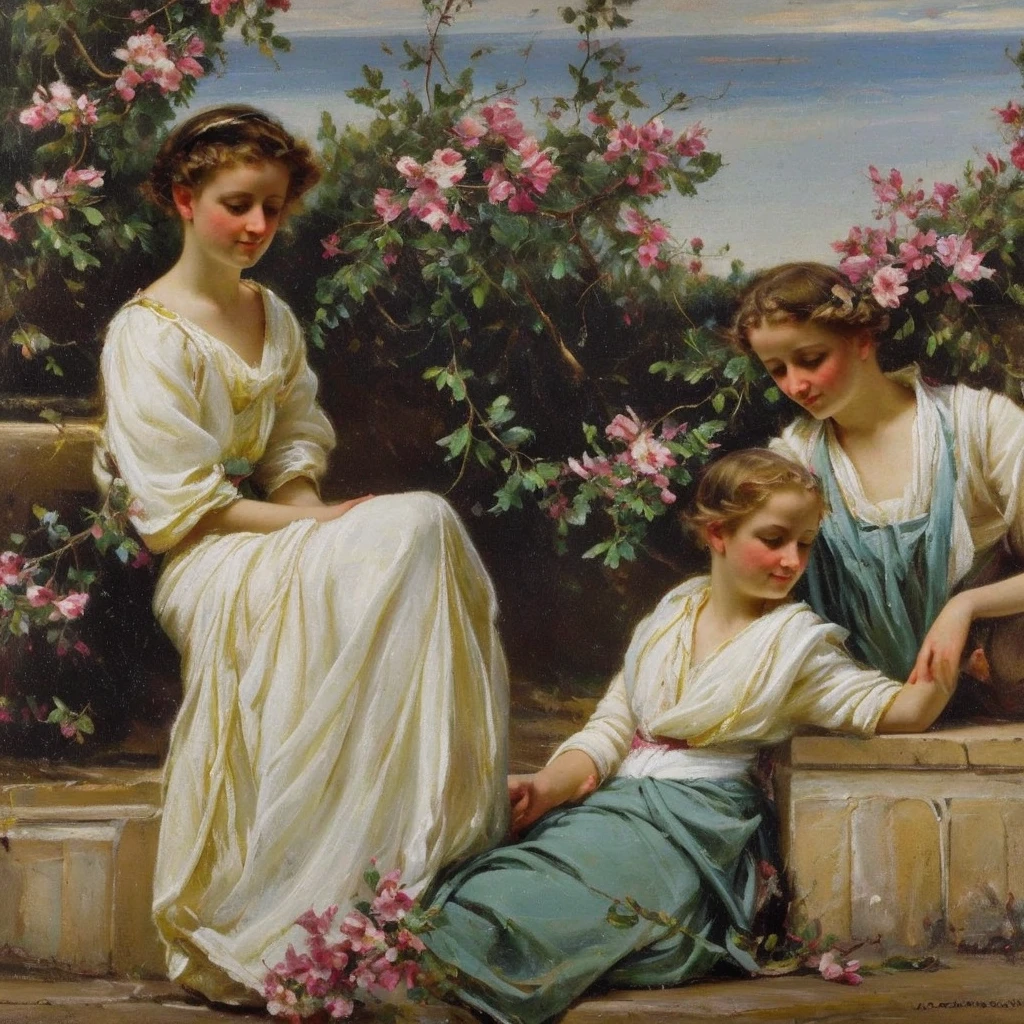 oil on canvas, a beautiful young woman resembling Mckenna Grace lying in front of some stone steps of an old lighthouse, smiling and looking at the camera, landscape of an epic night , many flowers decorate the place, natural lighting, style of william-adolphe bouguereau