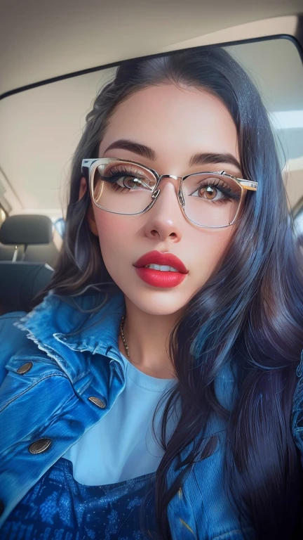 a close up of a woman wearing glasses and a denim jacket, with glasses, girl with glasses, with square glasses, wearing square glasses, thick glasses, spectacled, thick lips, with glasses on, glasses, high quality portrait, white glasses, thick red lips, wearing glasses, wearing thin large round glasses, clear lips and high quality, headshot profile picture, profile image