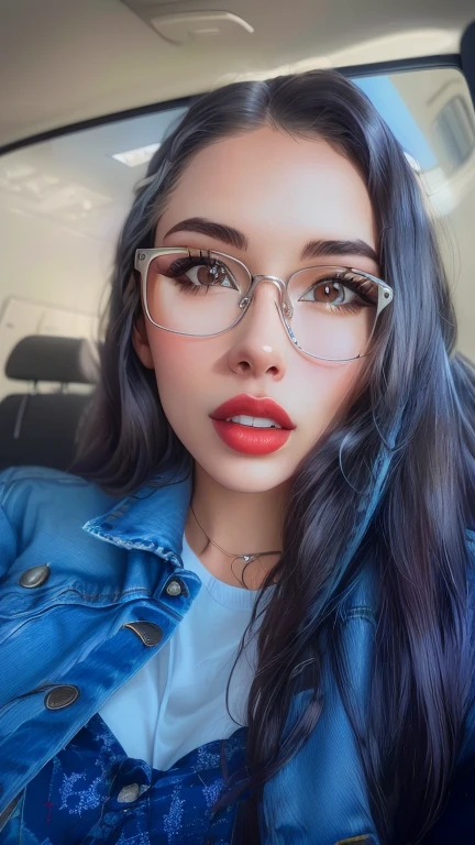 a close up of a woman wearing glasses and a denim jacket, with glasses, girl with glasses, with square glasses, wearing square glasses, thick glasses, spectacled, thick lips, with glasses on, glasses, high quality portrait, white glasses, thick red lips, wearing glasses, wearing thin large round glasses, clear lips and high quality, headshot profile picture, profile image