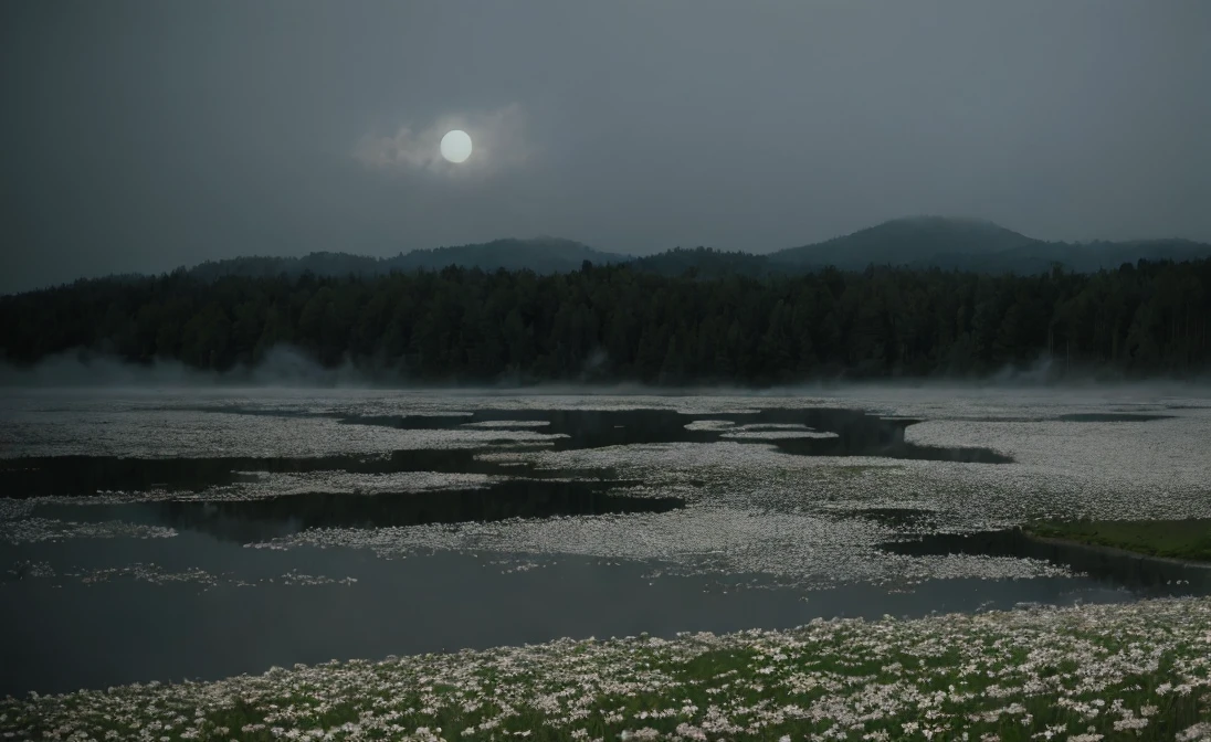 masterpiece of materpieces, PHOTOREALITIC, DENSE MIST. Smokey skies cast eerie light in the Anthropocene on a lake surrounded by cherry blossom trees, snow falling, pink dandelions covered in snow in enchanted forest, heavy mist and fog over the lake, fairy tale vibes, petals floating, dreamy looking, Sun burning like fire. Stars on the sky. Field filled with white flowers. PHOTOREALISTIC and cinematic. Nikon Z9