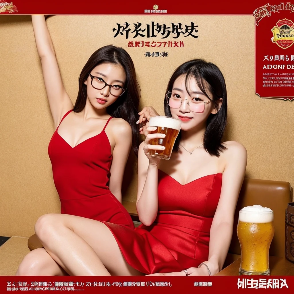 Beer promotion flyer, Asian Girl, 2 glasses of beer, red dress outfit
