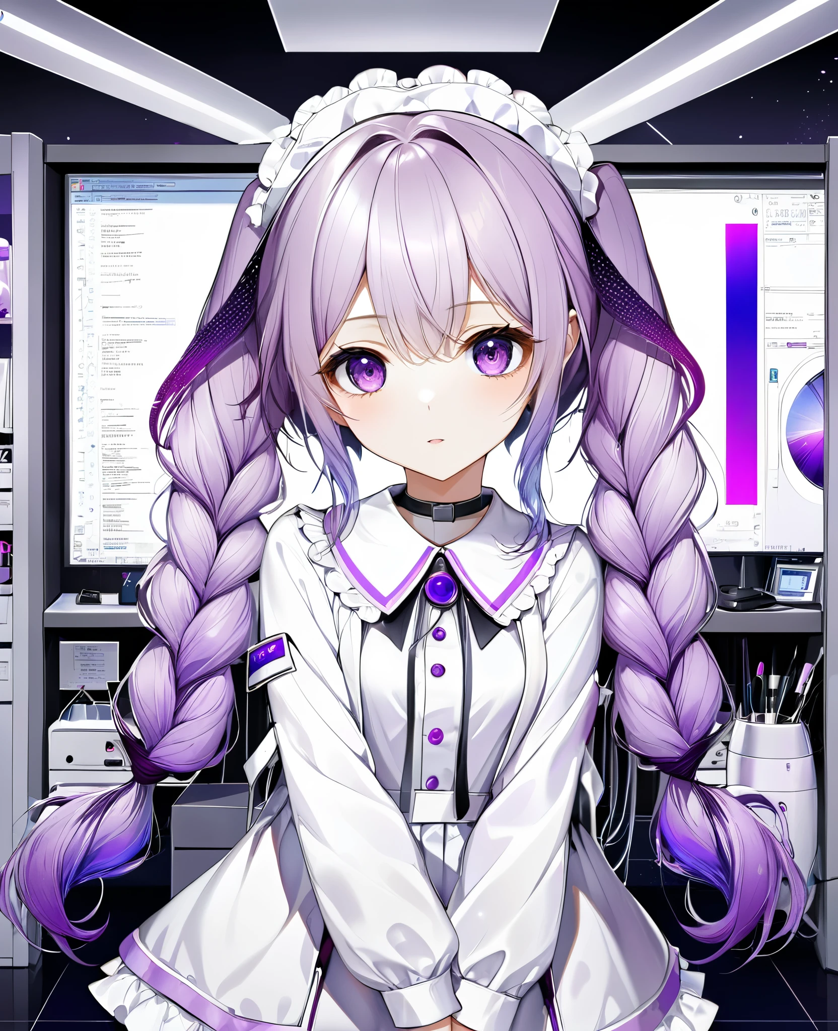best quality, super fine, 16k, incredibly absurdres, extremely detailed, delicate and dynamic, (purple eyes and braided low twin tails with gradient from white to purple at the ends), background analyzer room lab, various image effects,