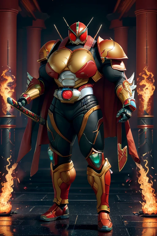 ((((Massive, beautiful, buff, muscular pale white skinned Asian female kamen rider with red hair, black lipstick, ginormous bulky muscles, holding a fire sword katana and wearing a gleaming red kamen rider armored suit with pants)))), {close view}, black eyeliner, massive muscles, large breast, massive biceps, hyper muscle triceps, (long hair), yellow eyes, kamen rider boots, (In a dilapidated city), (kamen rider armor), (cape), nighttime, closed smile, hyper muscles arms, hyper muscle legs, ginormous arms