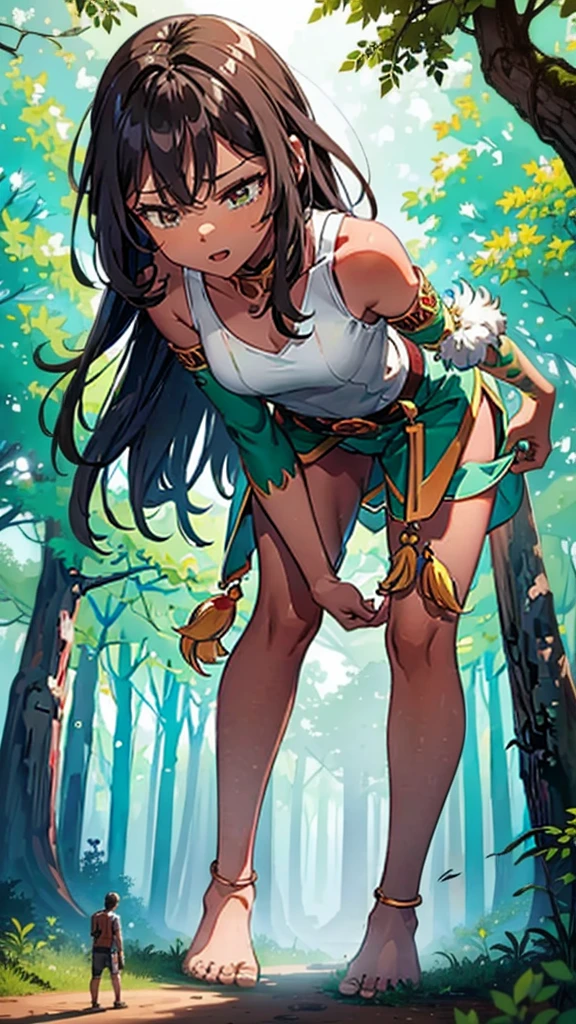 In a forest of large trees there is an even larger Amazonian giantess, with brown skin, black hair, thin, with clothes of the forest, and with very long legs, she is looking for small human invaders of the forest to destroy them so that they do not disturb the peace of the forest. Giantess, goddess, hot, black skin, tall legs, sexy, tiny people, tiny humans, crush, forest, trees, standing, group of small people, slim body