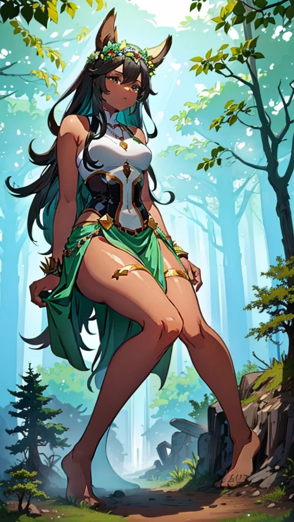 In a forest of large trees there is an even larger Amazonian giantess, with brown skin, black hair, thin, with clothes of the forest, and with very long legs, she is looking for small human invaders of the forest to destroy them so that they do not disturb the peace of the forest. Giantess, goddess, hot, black skin, tall legs, sexy, tiny people, tiny humans, crush, forest, trees, standing, group of small people, slim body