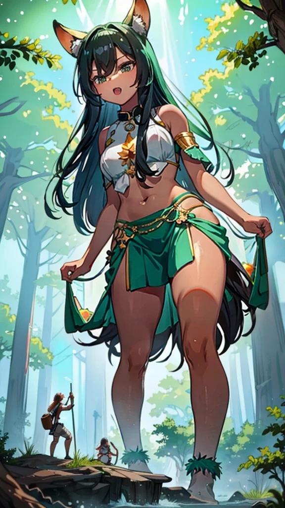 In a forest of large trees there is an even larger Amazonian giantess, with brown skin, black hair, thin, with clothes of the forest, and with very long legs, she is looking for small human invaders of the forest to destroy them so that they do not disturb the peace of the forest. Giantess, goddess, hot, black skin, tall legs, sexy, tiny people, tiny humans, crush, forest, trees, standing, group of small people, slim body