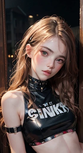 (UHD, retina, masterpiece, accurate, anatomically correct, textured skin, super detail, high details, high quality, best quality, highres, 1080P, HD, 4K, 8k, 16k), (beautiful detailed eyes, beautiful detailed lips, extremely detailed eyes and face), studio lighting, physically-based rendering, vivid colors of a skinny biker girl wearing skimpy leather (bare shoulders, midriff, exposed belly), (portrait, shiny chestnut brown hair, shiny skin), (mysterious night), (tilt your head to the side:1.5), eye reflection, (blush:1.5), (punk art, pale skin:1.5), monochrome, (young slender girl:1.5),