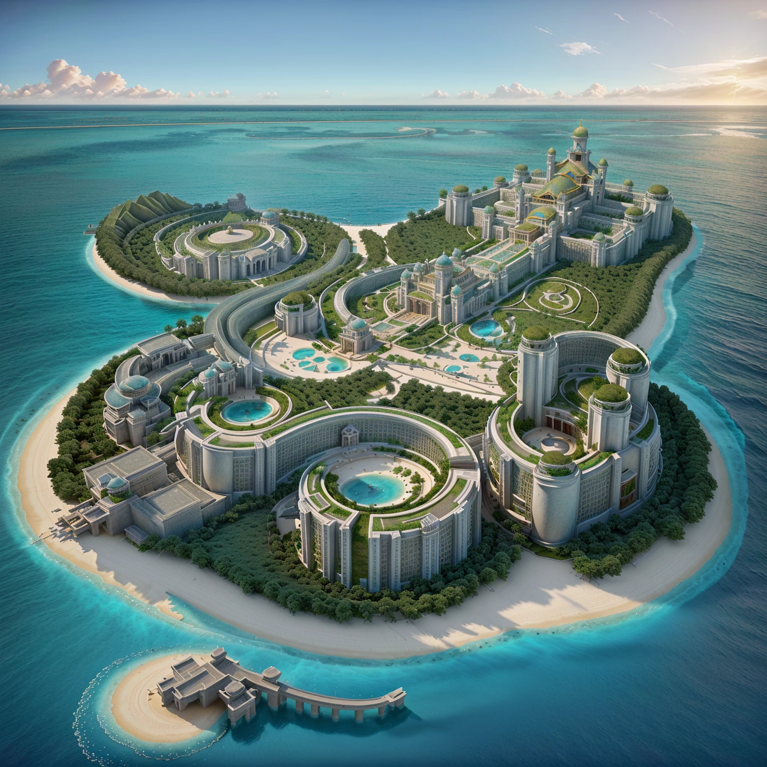 arafed view of a large building with a island named Dreem Land circular, futuristic island palace, beautiful render of tang dynasty, there is a dinosaur park island palace, extremely opulent, futuristic palace, luxurious, stunning grand architecture, luxury architecture, luxury hd render, built around sea, beachfront mansion, in a futuristic island palace, architectural visualization