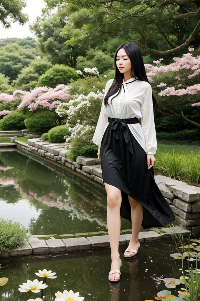 Generate a landscape-format image depicting a Korean girl with long black hair and a cute, beautiful face. She is dressed in a waifu/doaist attire, which is slightly exposed, showing her curves in the right places. The girl is walking gracefully near a serene pond in a beautiful garden. Surrounding the pond are lush greenery, blooming flowers, and tranquil scenery, evoking a peaceful and elegant atmosphere