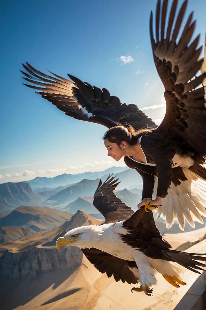 A beautiful woman flying with an eagle
