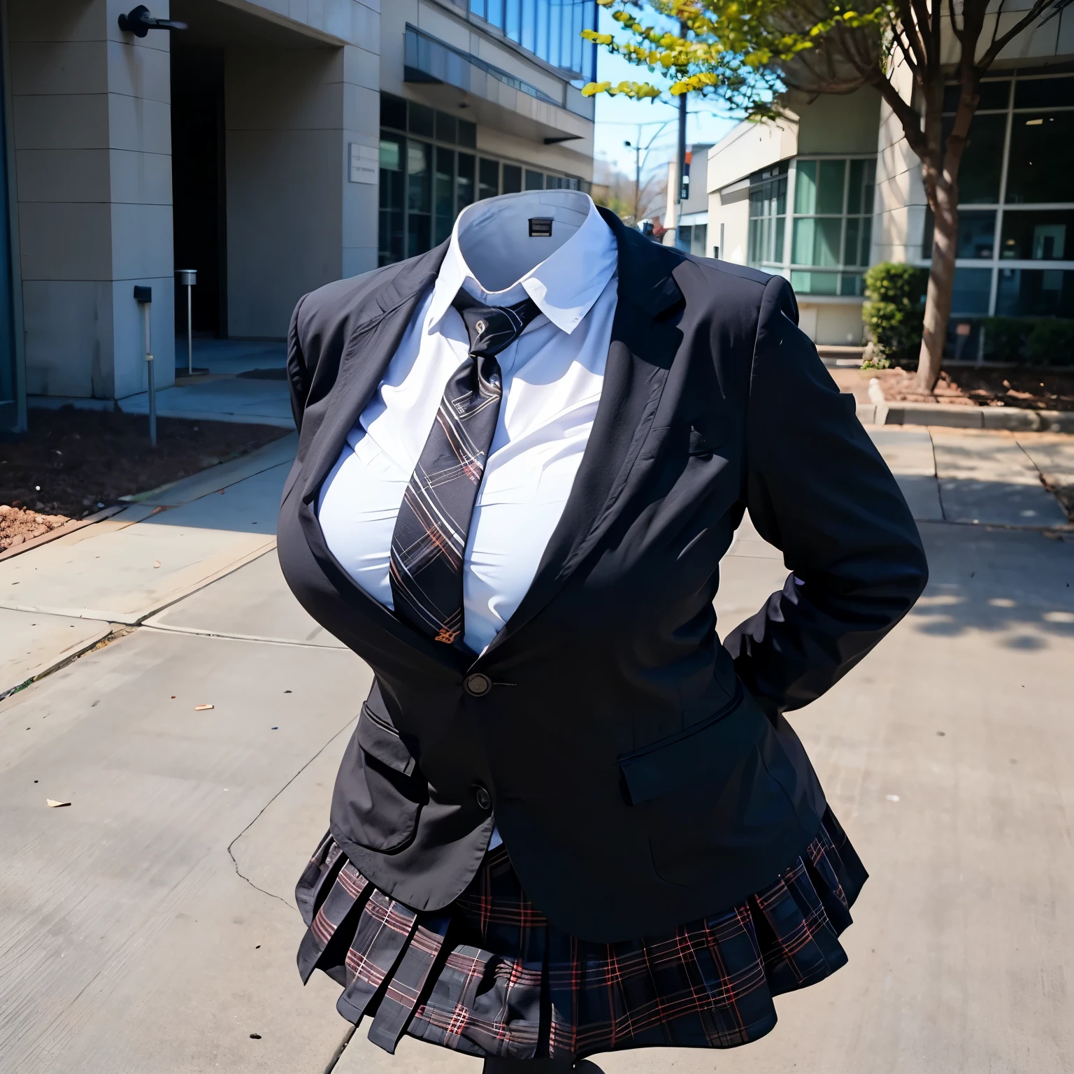 leaning forward, from below, school blazer, plaid skirt, stripe tie, fat, cute big breasts, (invisible, no human, headless, handless:1.5)