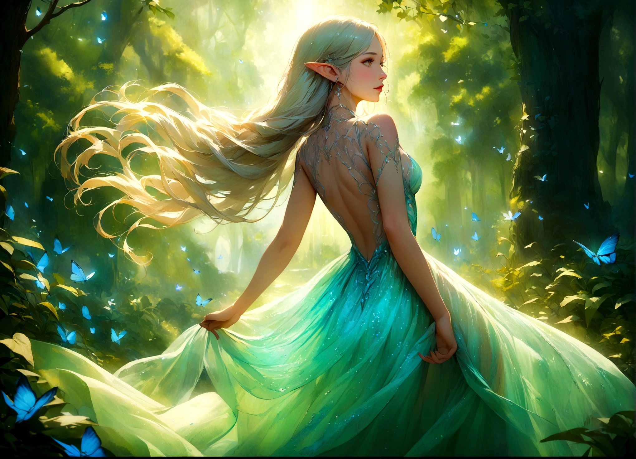 (best quality,4k,highres,masterpiece:1.2),ultra-detailed,realistic,enchanted forest,ethereal beauty with elven features, glowing moonlit scene,translucent ornate dress,tosses her hair back,graceful and elegant movements,elven features,sparkling eyes,pointed ears,delicate and intricate patterns on the dress,whimsical and magical atmosphere,soft and delicate color palette,gentle and mystical lighting