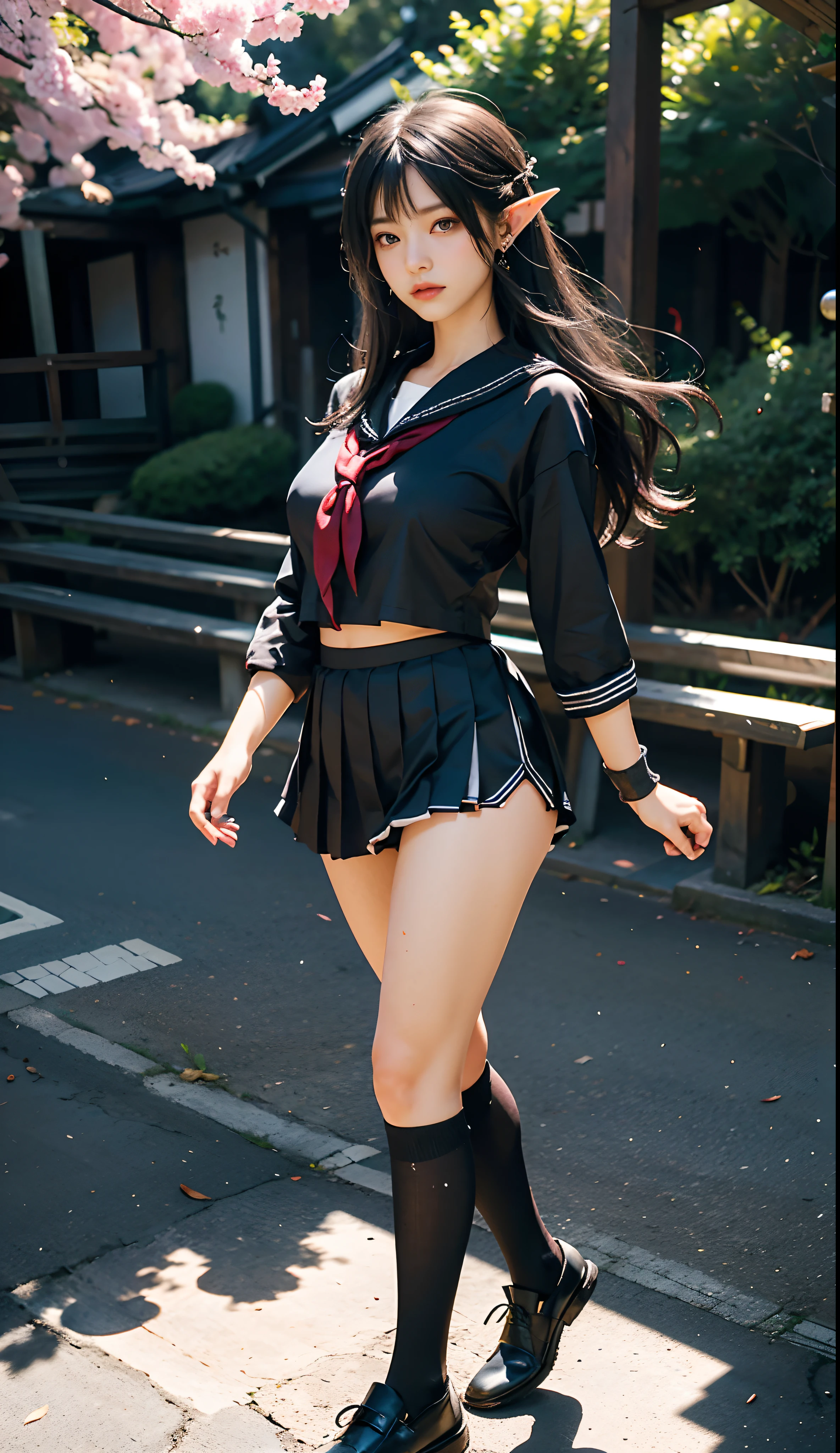 (japanese style school,the cherry trees:1. Mature elven beauty,standing on your feet,A sailor suit), Masterpiece, The best quality, RAW Photographer, being realistic, Incredibly ridiculous beef,Long elf ears, earrings,hair pin, (Long Loose Silver Black Hair:1.9),eye shadows,(A sailor suit),ear drop,foot ring,Short skirt,(Black sports socks)(Black half knee socks),(Moccasin shoes),two longer legs,Depth of fields, A high resolution, ultra-detailed, watermark, RAWE is very detailed, very detailed eyes and faces, sharp pupils, realistic student, sharp focus, cinematic lighting,full bodyesbian,big tits,long legs,FROM THE FRONT,dynamic poses,Normal posture,closeup of face