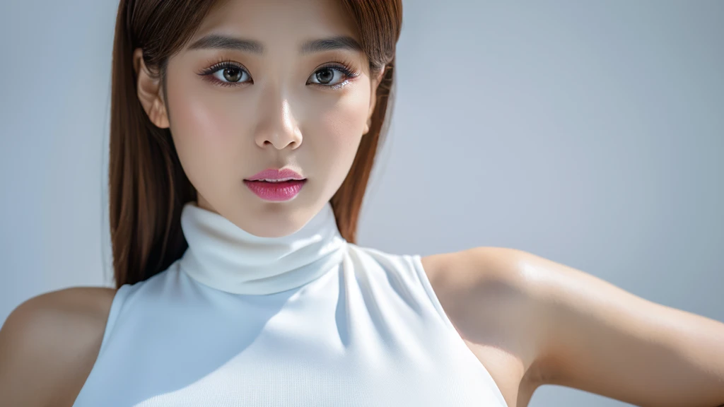 (detailed face),VIVID,normal breasts,pretty,sleeveless and turtle neck white silky clothes,4k ,super high resolution ,(photo-realistic: 1.7),white background,long hair,