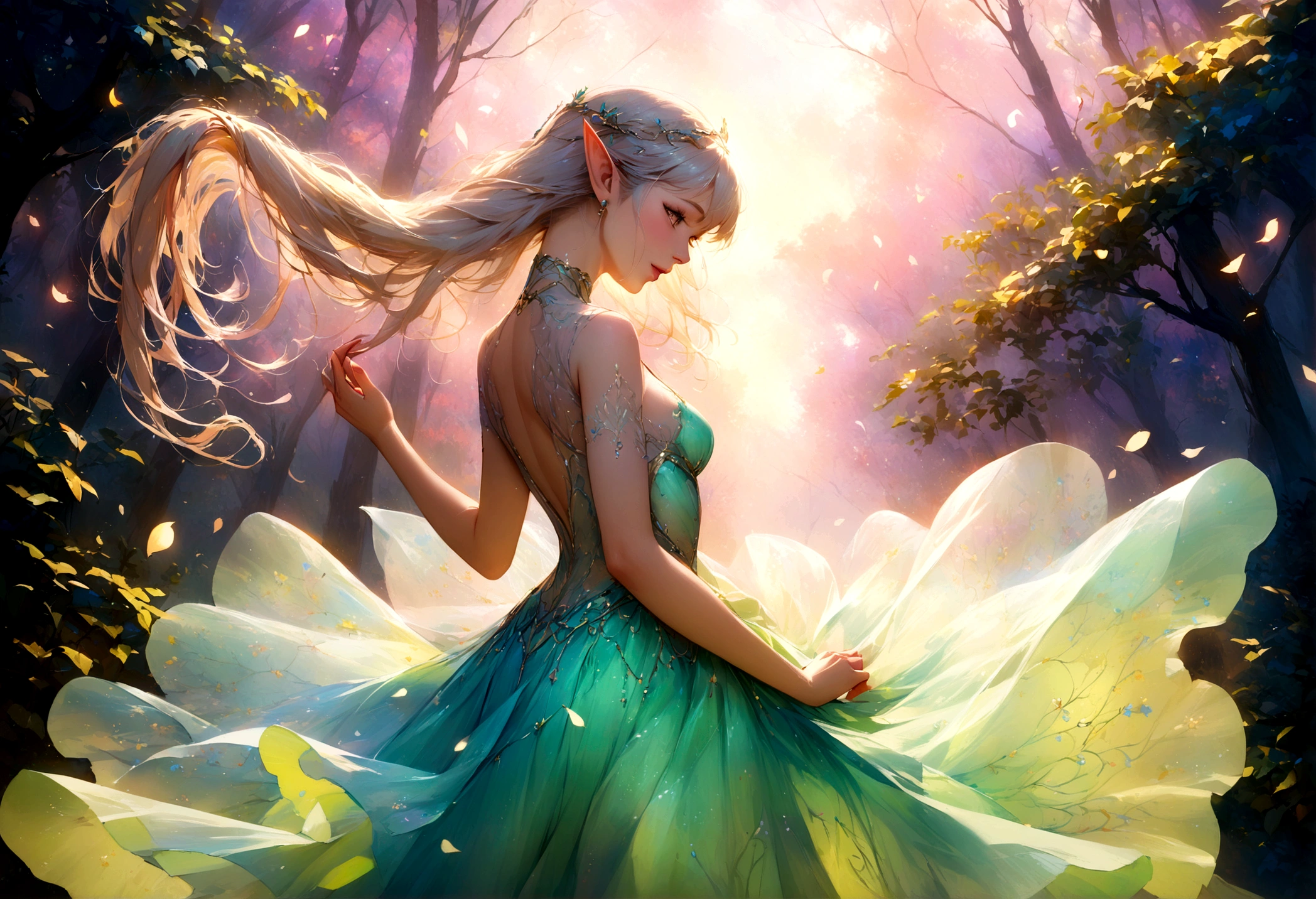 (best quality,4k,highres,masterpiece:1.2),ultra-detailed,realistic,enchanted forest,ethereal beauty with elven features, glowing moonlit scene,translucent ornate dress,tosses her hair back,graceful and elegant movements,elven features,sparkling eyes,pointed ears,delicate and intricate patterns on the dress,whimsical and magical atmosphere,soft and delicate color palette,gentle and mystical lighting
