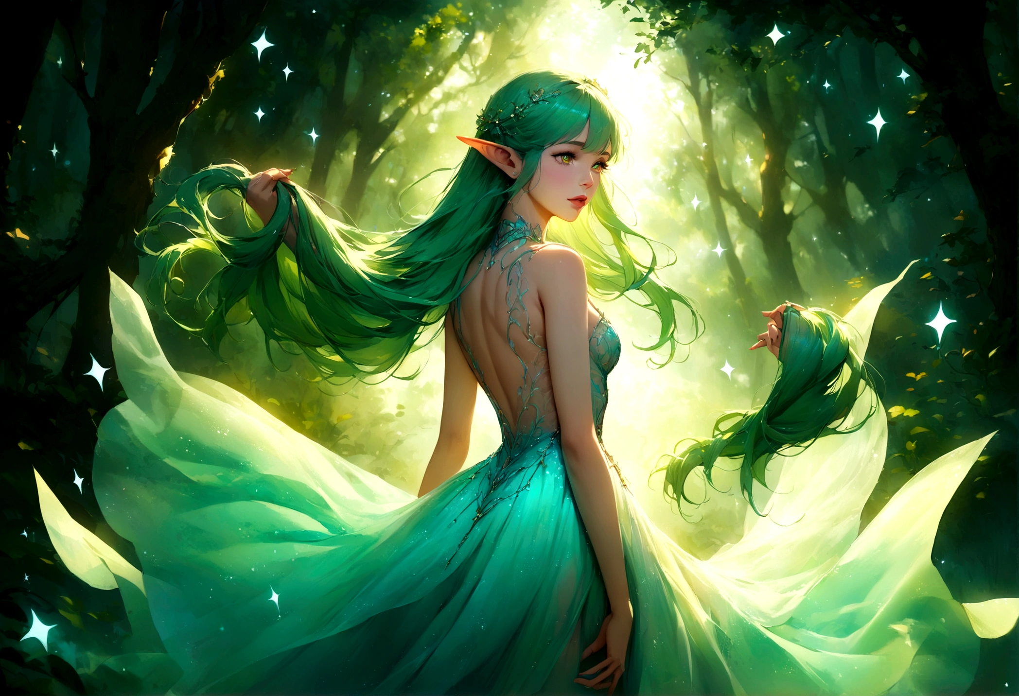 (best quality,4k,highres,masterpiece:1.2),ultra-detailed,realistic,enchanted forest,ethereal beauty with elven features, glowing moonlit scene,translucent ornate dress,tosses her hair back,graceful and elegant movements,elven features,sparkling eyes,pointed ears,delicate and intricate patterns on the dress,whimsical and magical atmosphere,soft and delicate color palette,gentle and mystical lighting
