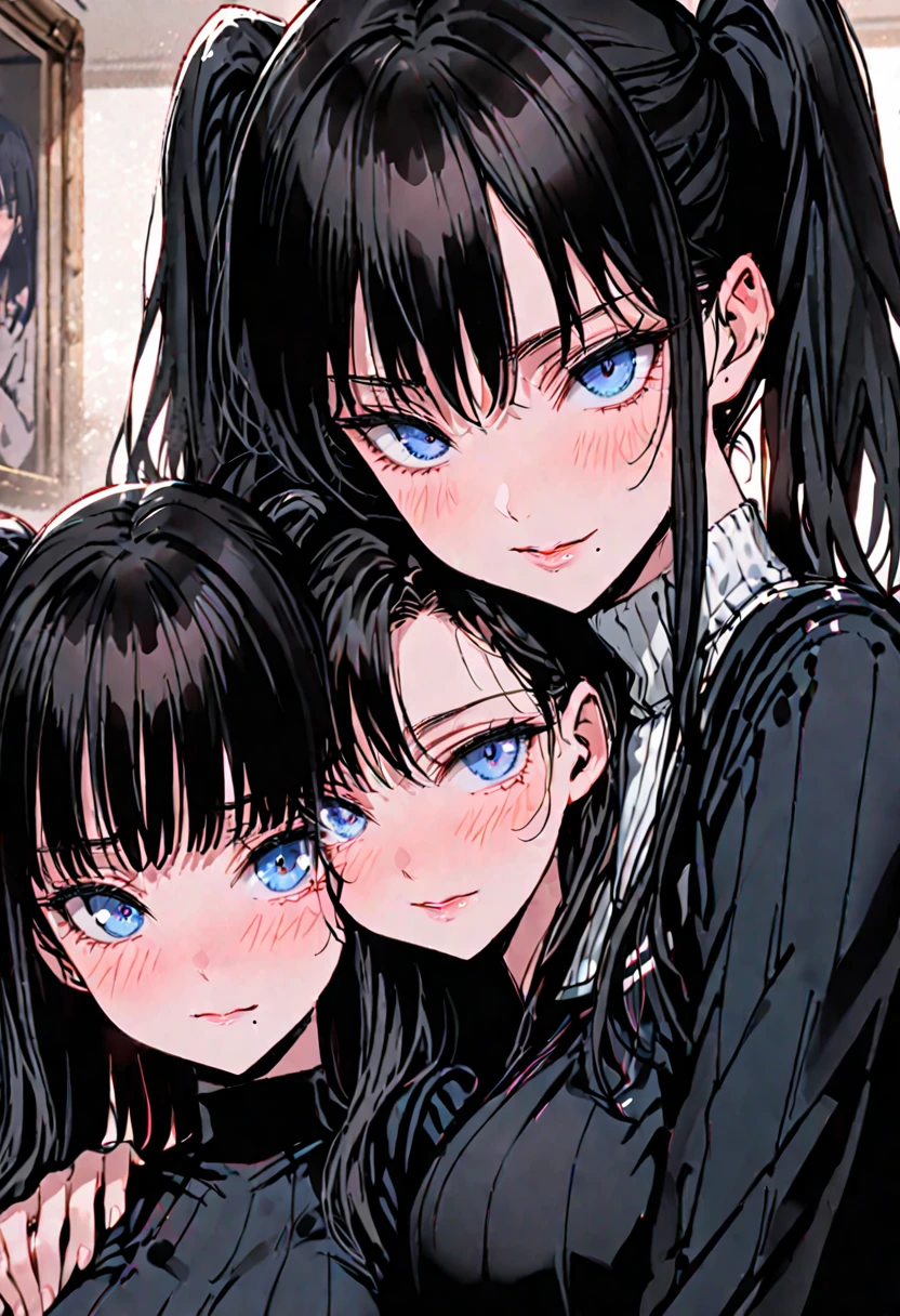 female, duo, living room, symmetrical docking, close up, mother and daughter, (mother, huge breasts, long wavy black hair, blue eyes, white ribbed turtleneck, mole under mouth, seductive smile), (daughter, teenager, long black twin tails, medium breasts, shy, blush, young, black serafuku)