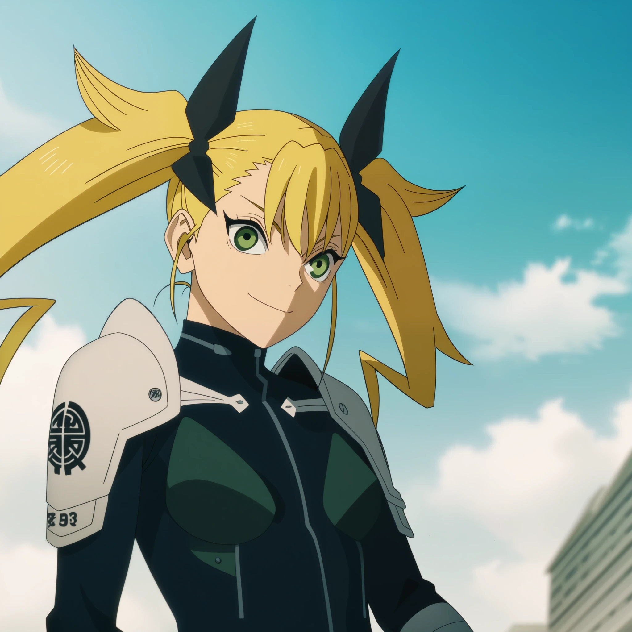 score_9, score_8_up, score_7_up, score_6_up, score_5_up, score_4_up, source_anime, anime screencap, anime coloring, kikoru, 1girl, blonde hair, twintails, green eyes, hair ribbon, black ribbon, bangs, bodysuit, armor, upper body, smile