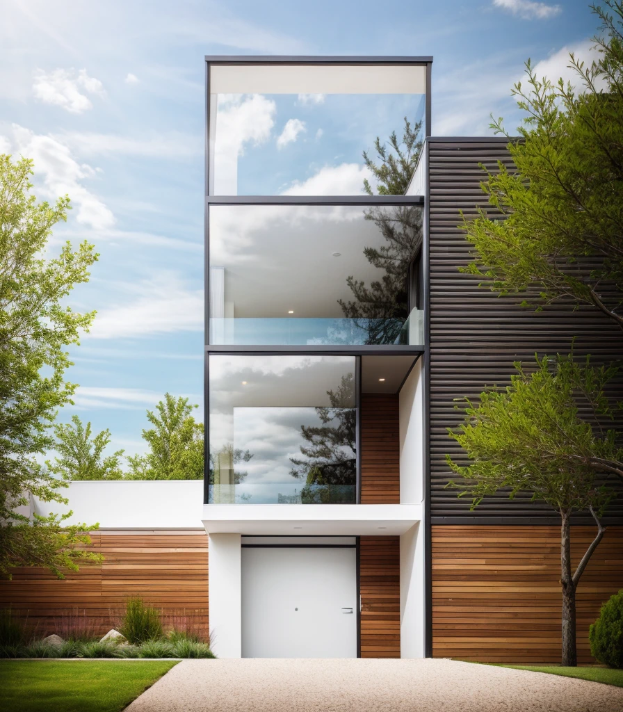 exterior house, contemporary style, white wall, wood wall, wood door, glass window, (realistic:1.2), Masterpiece, high quality, best quality, authentic, super detail, outdoors,road,pavement, grass, trees, sky, cloud, (daylight:1.1)
