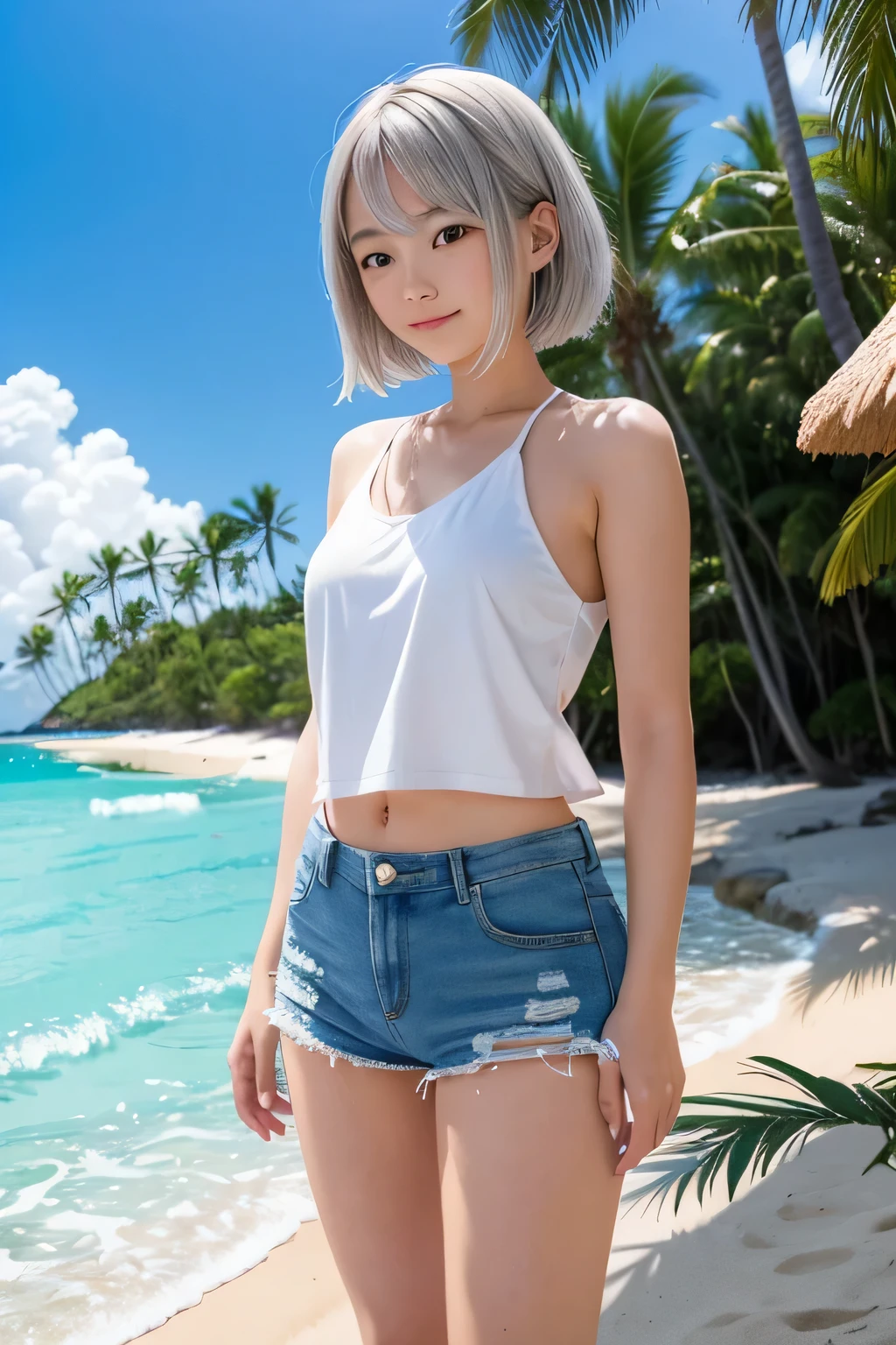 {
  "prompt": "A full-body image of a young Japanese woman standing on a tropical beach. She has short, silver hair that shines in the natural sunlight. She is wearing a white tank top and denim shorts, with one hand in her pocket. Her expression is bright and she has a gentle smile on her face. The background features a beautiful beach with white sand and a clear blue ocean. There are tall palm trees and tropical cottages in the distance. The sky is clear with a few fluffy w