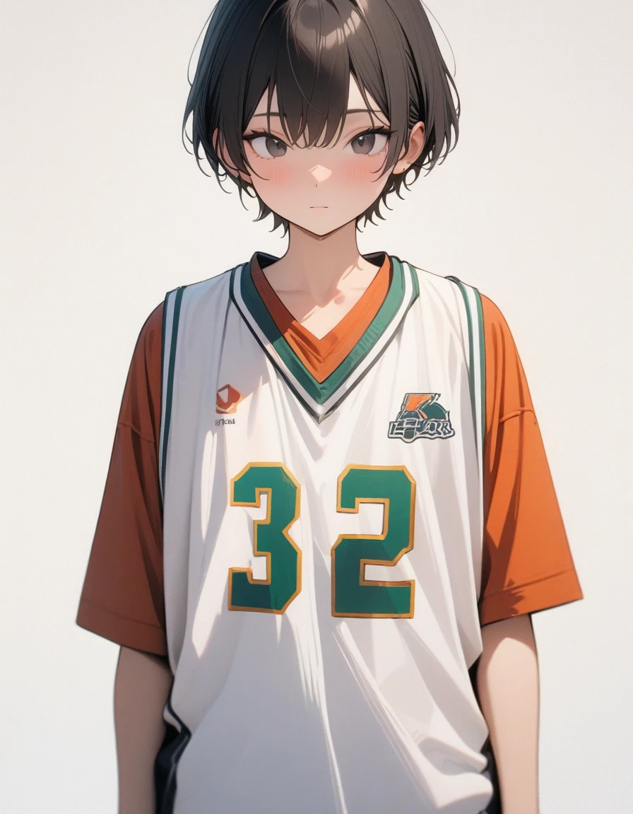 Lovely，masterpiece, best quality, 8K, Clear focus,Black short hair，穿着Basketball clothes的小男孩拿着篮球，Basketball clothes，Clean background