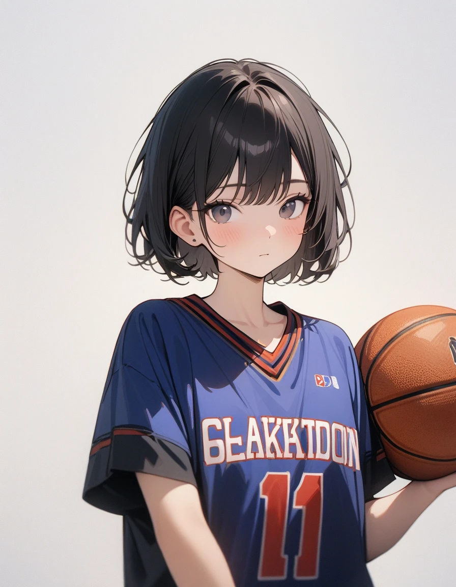 Lovely，masterpiece, best quality, 8K, Clear focus,Black short hair，穿着Basketball clothes的小男孩拿着篮球，Basketball clothes，Clean background