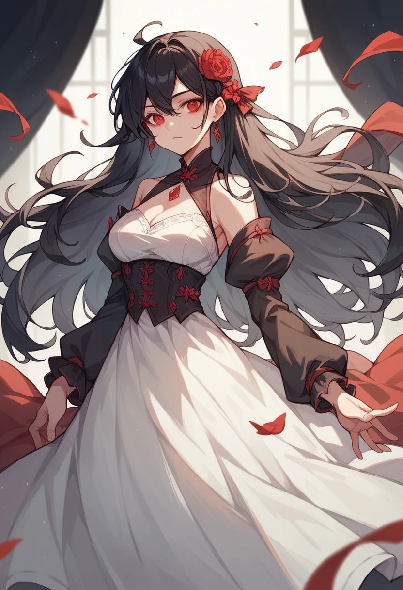 Female , Red Eyes , Long Black hair, Wear dress
