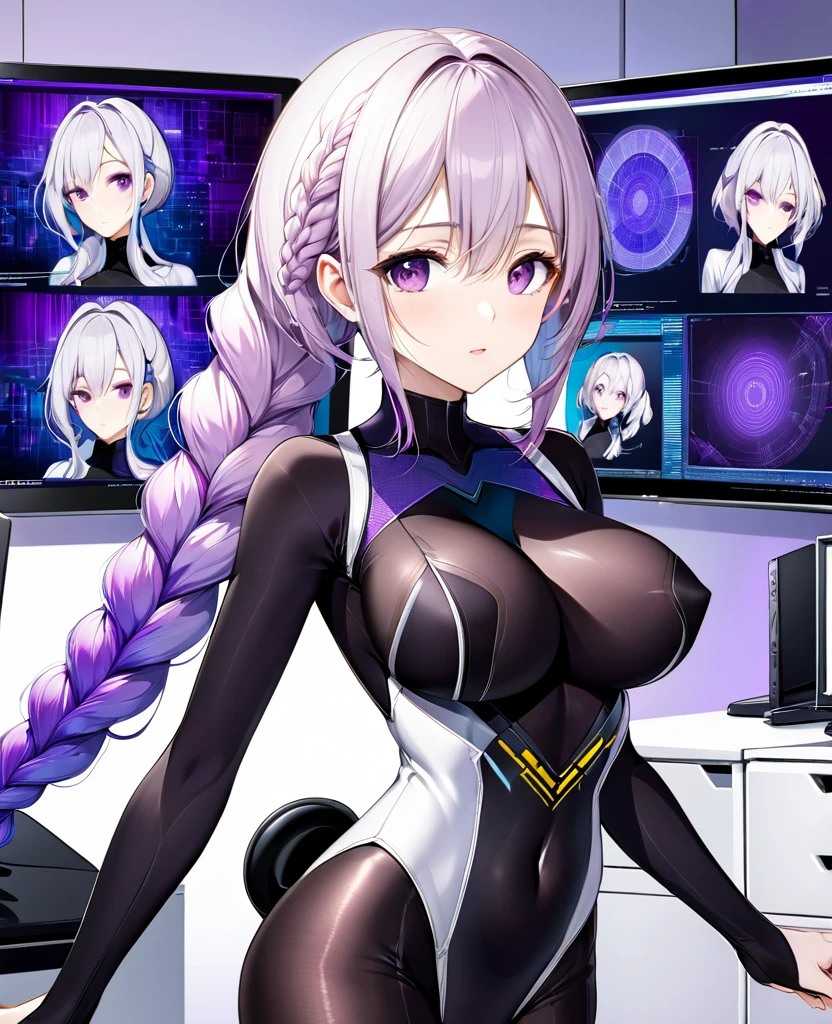 25 year old woman, large breasts, best quality, super fine, 16k, incredibly absurdres, extremely detailed, delicate and dynamic, (purple eyes and braided low twin tails with gradient from white to purple at the ends), background analyzer room lab, various image effects, bodysuit, looking at computer screens