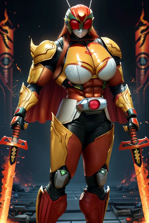 ((((Massive, beautiful, buff, muscular pale white skinned Asian female kamen rider with red hair, black lipstick, ginormous bulky muscles, holding a fire sword katana and wearing a gleaming red kamen rider armored suit with pants)))), {close view}, black eyeliner, massive muscles, large breast, massive biceps, hyper muscle triceps, (long hair), yellow eyes, kamen rider boots, (In a dilapidated city), (kamen rider armor), (cape), nighttime, closed smile, hyper muscles arms, hyper muscle legs, ginormous arms