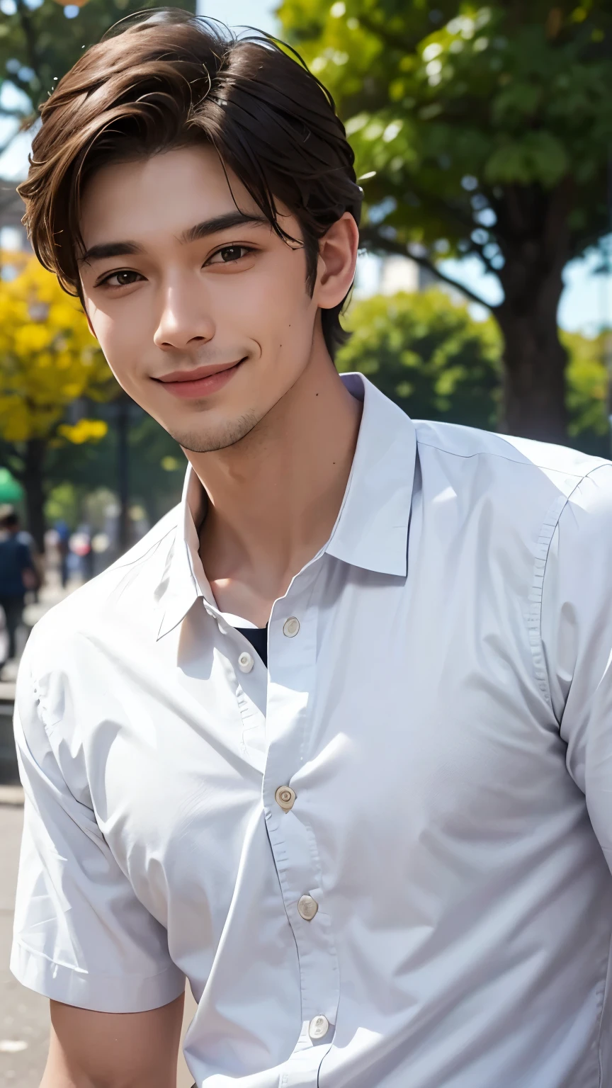 A man wearing a refreshing casual shirt with a collar is looking straight at the camera and smiling, Clean shaven, The background is a beautiful park in the city, Close-up