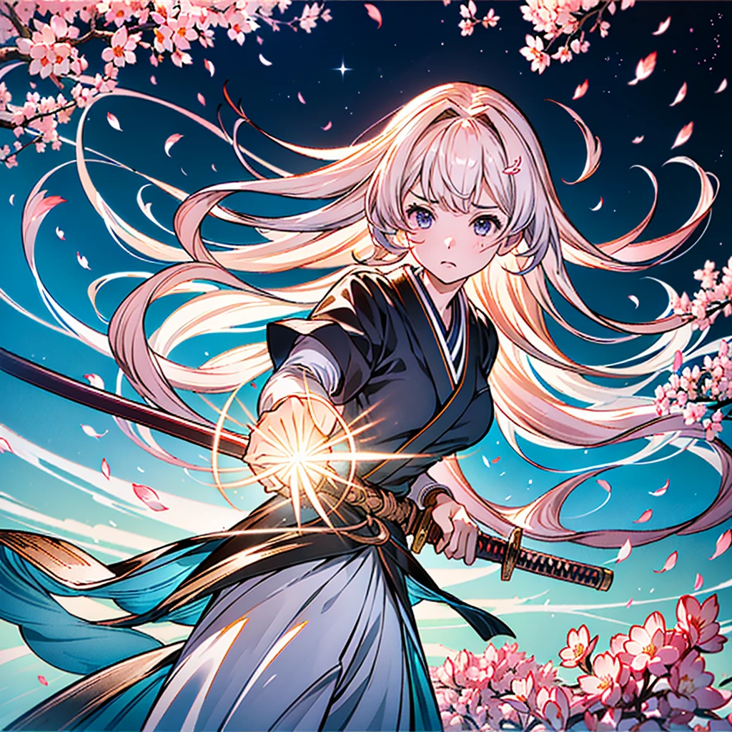 1girl,(((Highest quality、Official Art、The best composition、Masterpiece、Award-winning works)))、Serious expression、The moment the Japanese sword is swung down、ダイナミックなThe best composition、Super huge、detailed、whole body、Fractal art of cherry blossoms falling、hologram、An aura surrounds the person、hideo minaba,