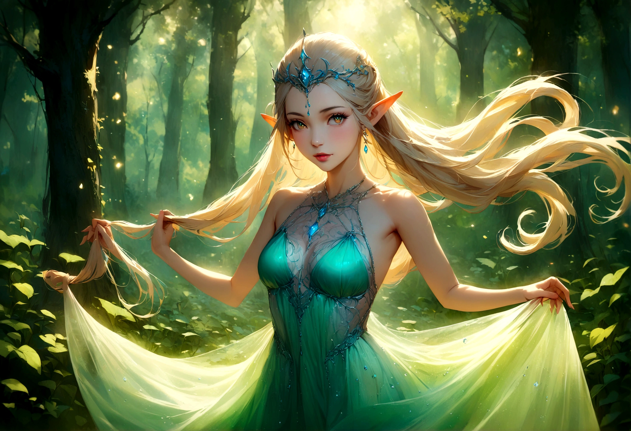 (best quality,4k,highres,masterpiece:1.2),ultra-detailed,realistic,enchanted forest,ethereal beauty with elven features, glowing moonlit scene,translucent ornate dress,tosses her hair back,graceful and elegant movements,elven features,sparkling eyes,pointed ears,delicate and intricate patterns on the dress,whimsical and magical atmosphere,soft and delicate color palette,gentle and mystical lighting