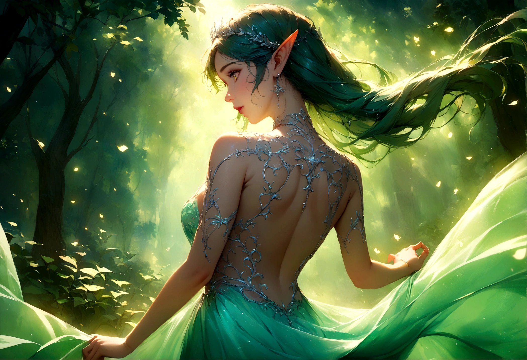 (best quality,4k,highres,masterpiece:1.2),ultra-detailed,realistic,enchanted forest,ethereal beauty with elven features, glowing moonlit scene,translucent ornate dress,tosses her hair back,graceful and elegant movements,elven features,sparkling eyes,pointed ears,delicate and intricate patterns on the dress,whimsical and magical atmosphere,soft and delicate color palette,gentle and mystical lighting