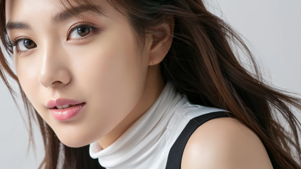(detailed face),VIVID,normal breasts,pretty,sleeveless and turtle neck white silky clothes,4k ,super high resolution ,(photo-realistic: 1.7),white background,long hair,