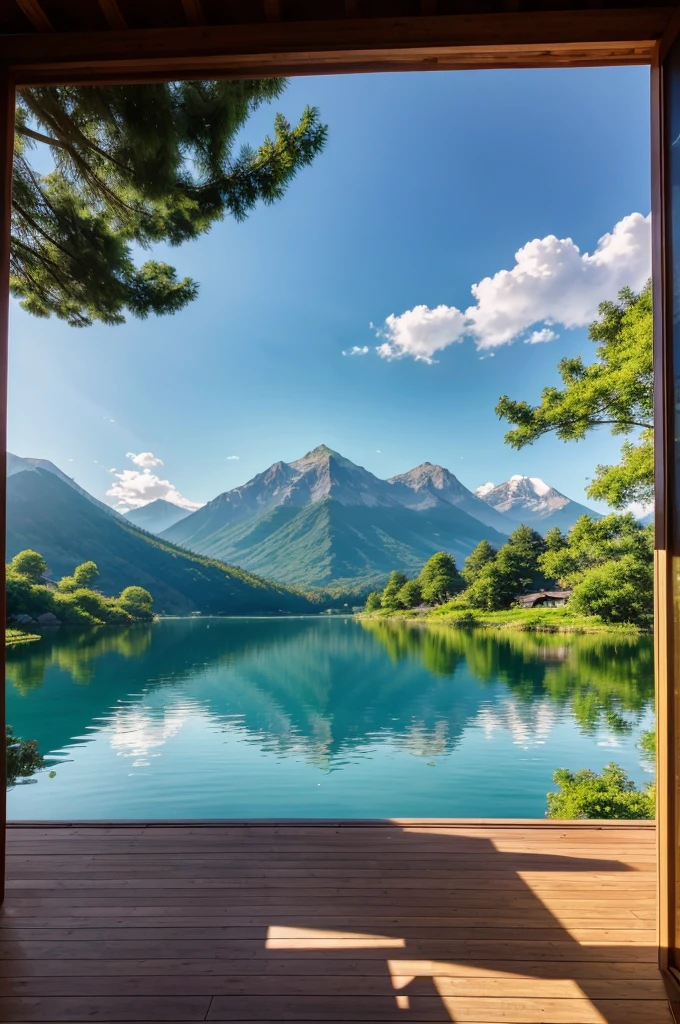 Generate a anime scenery with a wooden house a lake and a mountain view in the background sunlight and shadows
