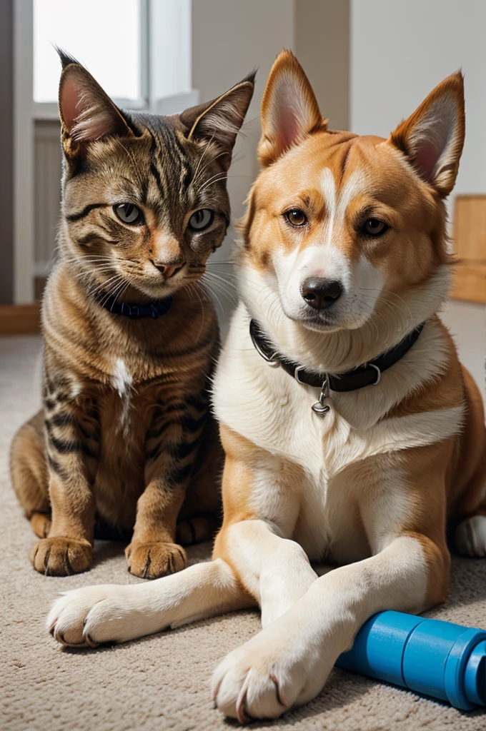 create a image of dog and cat clashing 