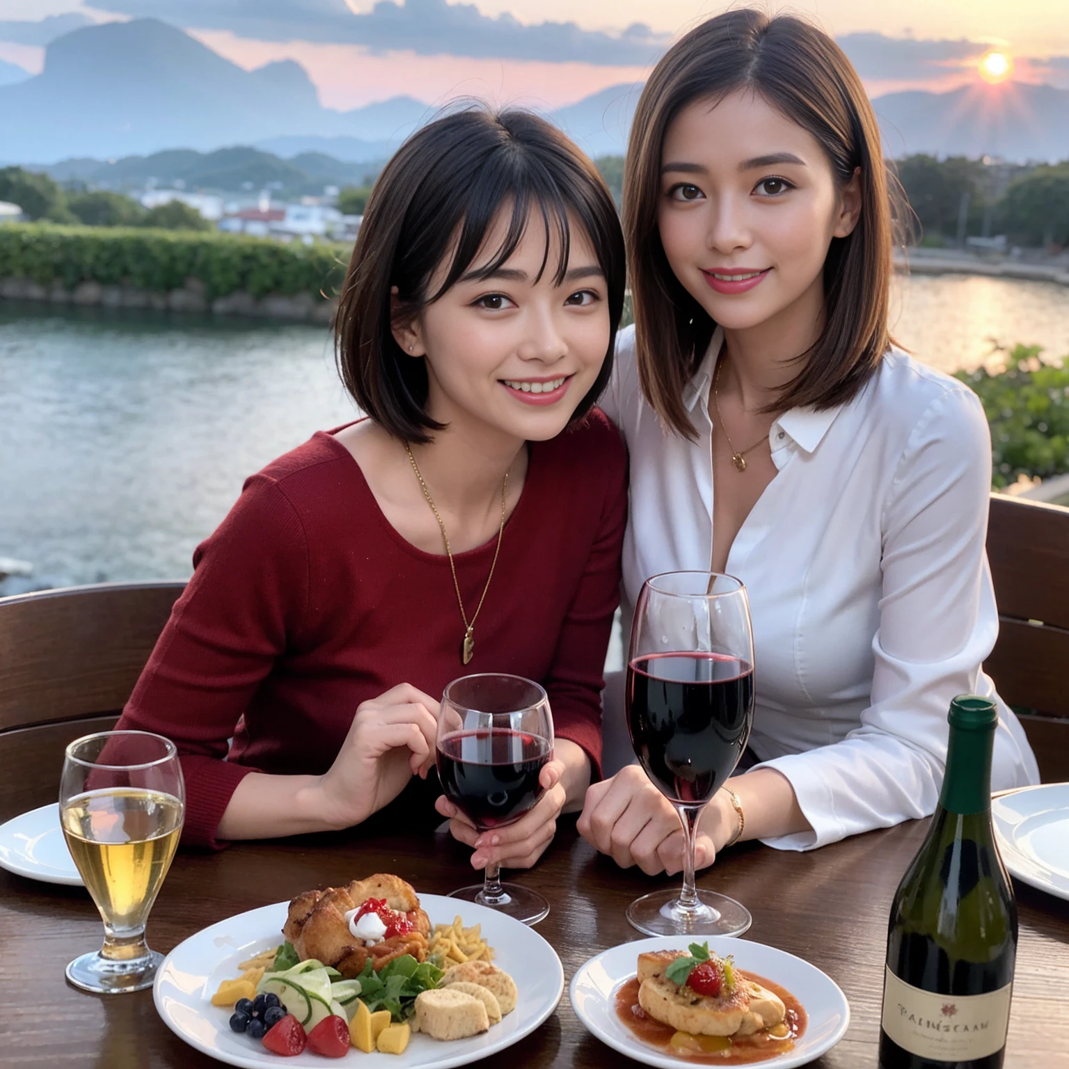 ((Highest quality、8K、masterpiece:1.3))、 (Ultra-realistic、 Genuine、Bright image、Intricate details:1.2), 最高のsmile、Slim Beauty、1 male 1 female、Beautiful couple、love love love、Lovers in Kyoto、Good friends、actress couple、smile、Full-course dinner at a packed table、 (Slim face), (the body is slim), (Brown Hair), (short hair), テーブルのwine glass、Please shine a light on my face、 Amazing view of the sunset sky and clouds、36 years old 39 years old, red wine 、Appetizers、Wine bottle、sparkling wine、Long sleeve shirt、dress、White wine, red wine, wine glass,