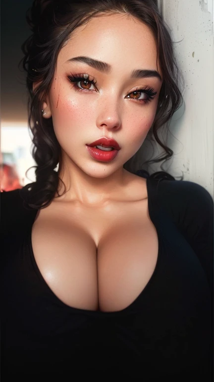 a close up of a woman with a big breast and a black top, cleavage, thick lips, portrait sophie mudd, sie boob, jaw-dropping beauty, sexy girl with dark complexion, thick red lips, large full lips, deep red lips, jaw dropping beauty, retouched in photoshop, 🤤 girl portrait, sexy face, sexy lips