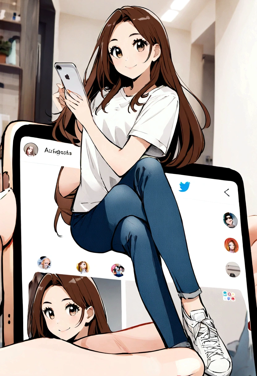 Create a 4D illustration of a woman with an athletic body, long straight hair with highlighted brunette highlights, excitedly smiling. She is sitting casually on top of the Instagram logo, with a MacBook at her side and holding an iPhone in her hand. A character wears blue jeans, white t-shirt and white sneakers. In the background, there is a social media profile page with the username '@silvanaborgs' and a profile photo corresponding to the character."
