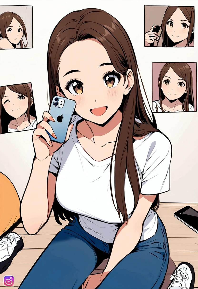 Create a 4D illustration of a woman with an athletic body, long straight hair with highlighted brunette highlights, excitedly smiling. She is sitting casually on top of the Instagram logo, with a MacBook at her side and holding an iPhone in her hand. A character wears blue jeans, white t-shirt and white sneakers. In the background, there is a social media profile page with the username '@silvanaborgs' and a profile photo corresponding to the character."